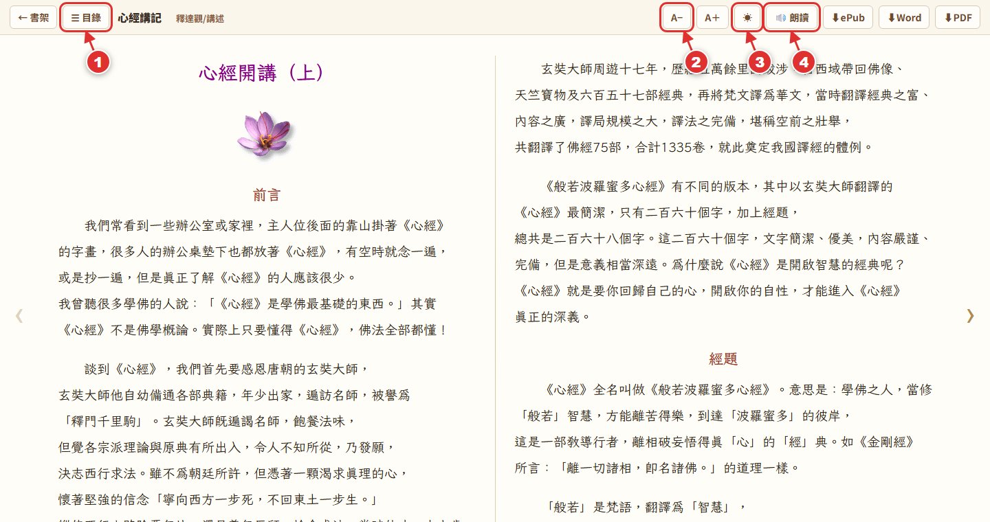 電子書閱讀器：目錄、字級、色系、朗讀